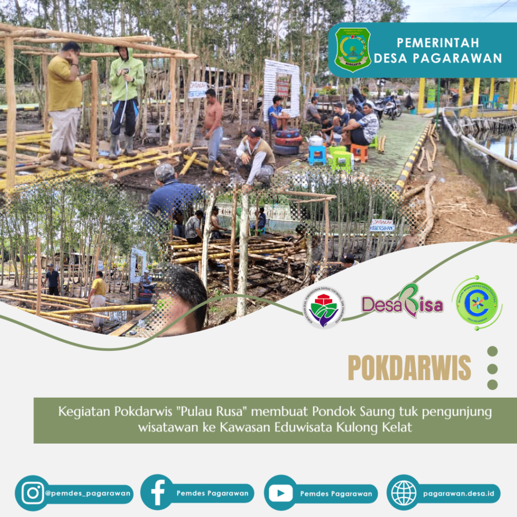Kegiatan Pokdarwis "Pulau Rusa" membuat Pondok Saung tuk pengunjung wisatawan ke Kawasan Eduwisata Kulong Kelat