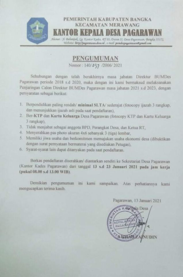 Recruitment Calon Direktur BUMDes Pagarawan