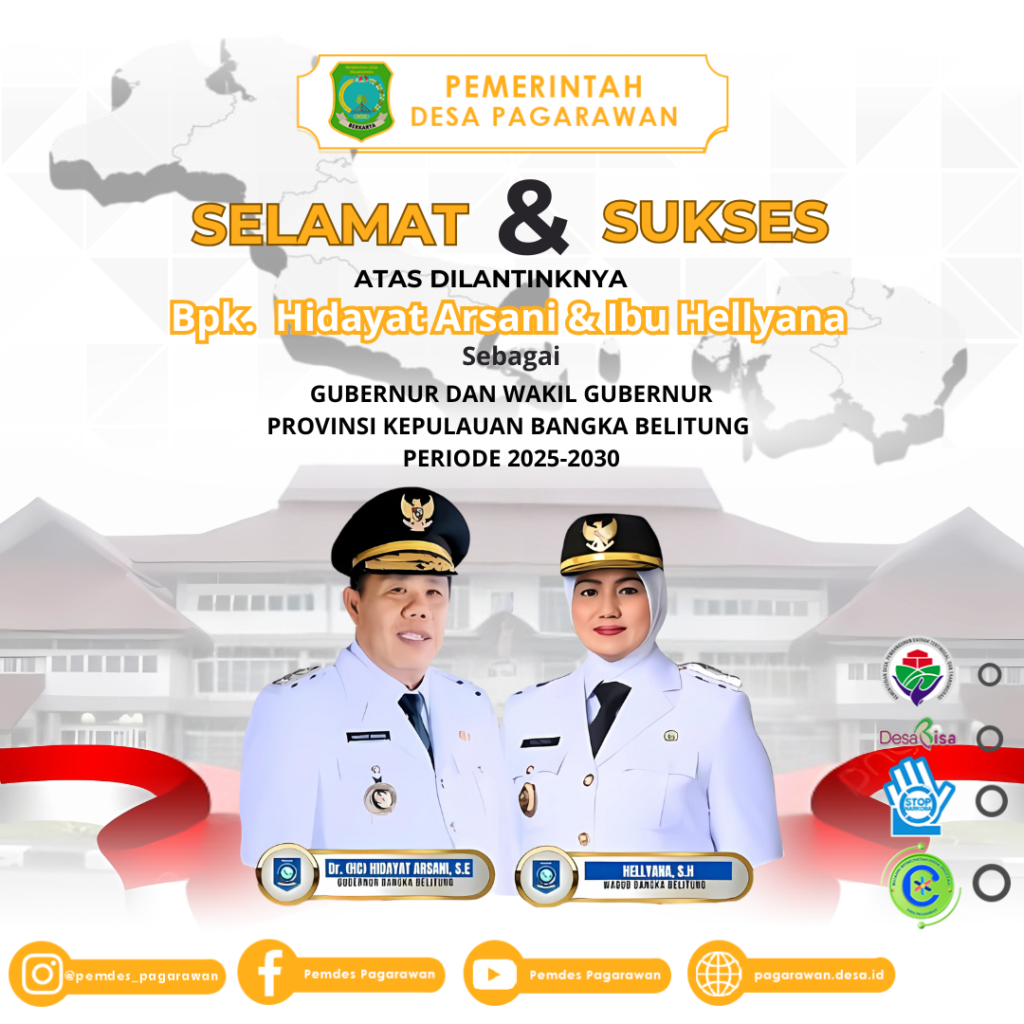 Selamat atas pelantikan Bapak Hidayat Arsani dan Ibu Hellyana sebagai Gubernur dan Wakil Gubernur Provinsi Kepulauan Bangka Belitung periode 2025-2030